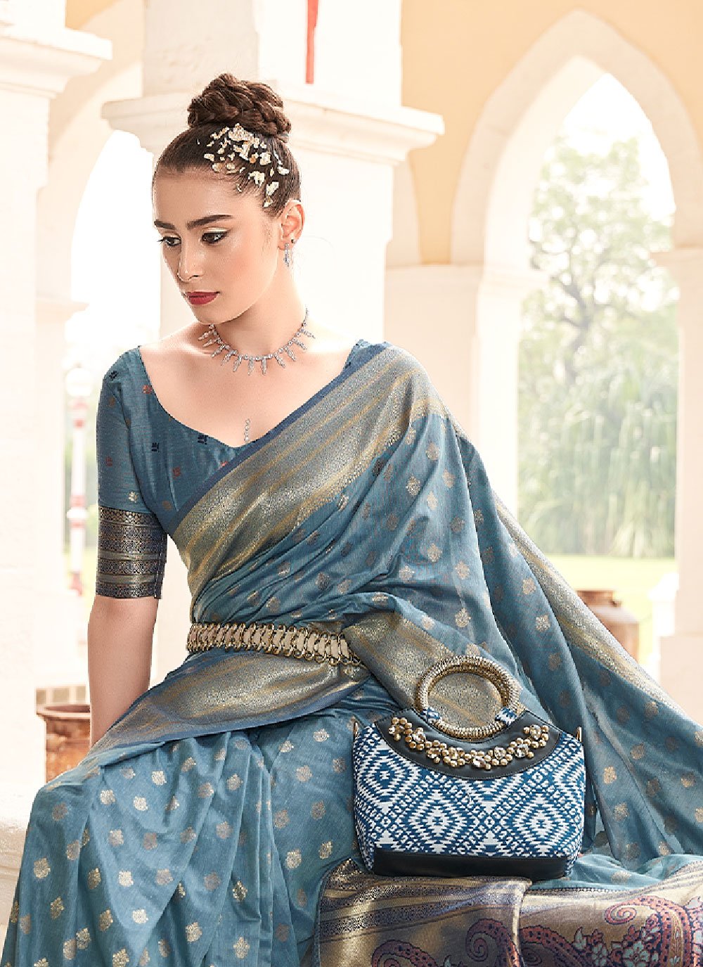 Trendy Saree Banarasi Silk Cotton Aqua Blue Woven Saree