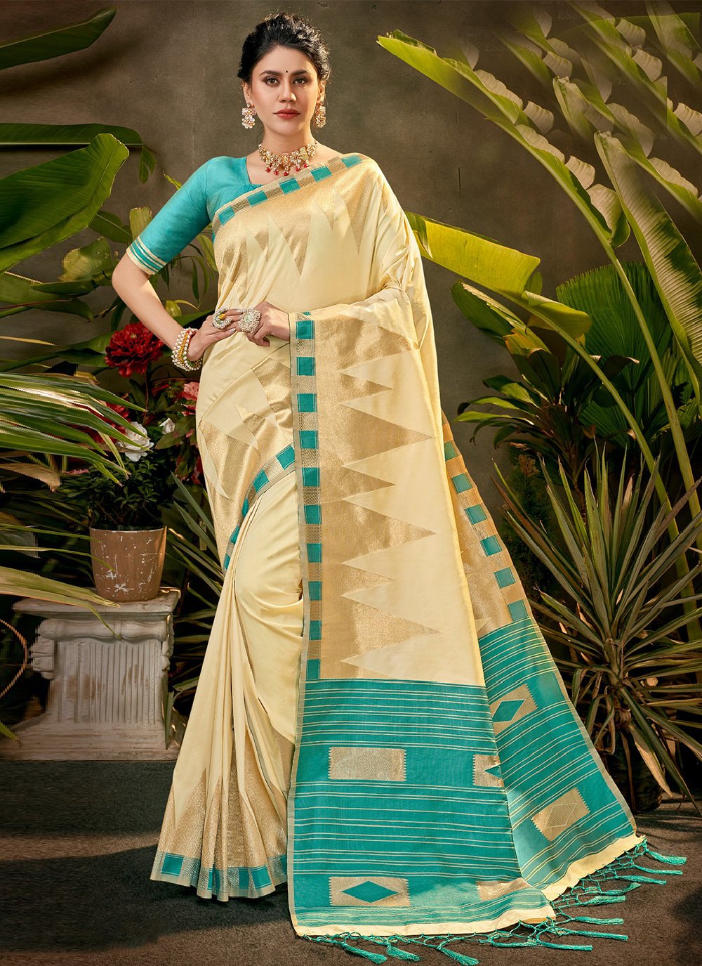Trendy Saree Silk Cream Firozi Woven Saree