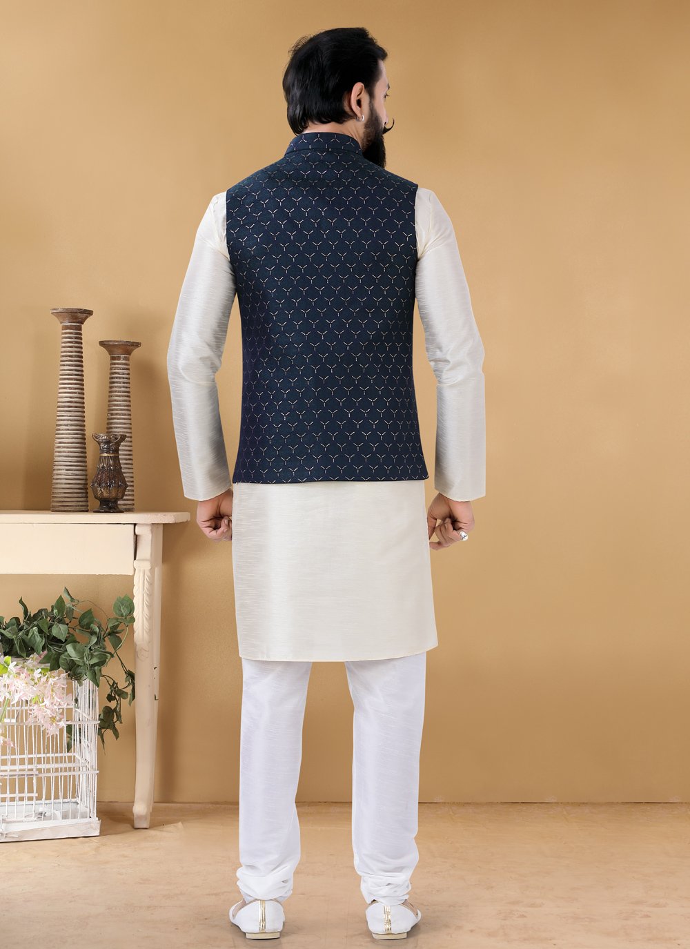 Nehru Jackets Jacquard Blue Woven Mens