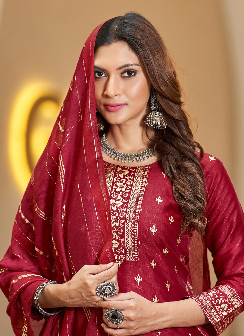 Straight Salwar Suit Silk Maroon Foil Print Salwar Kameez