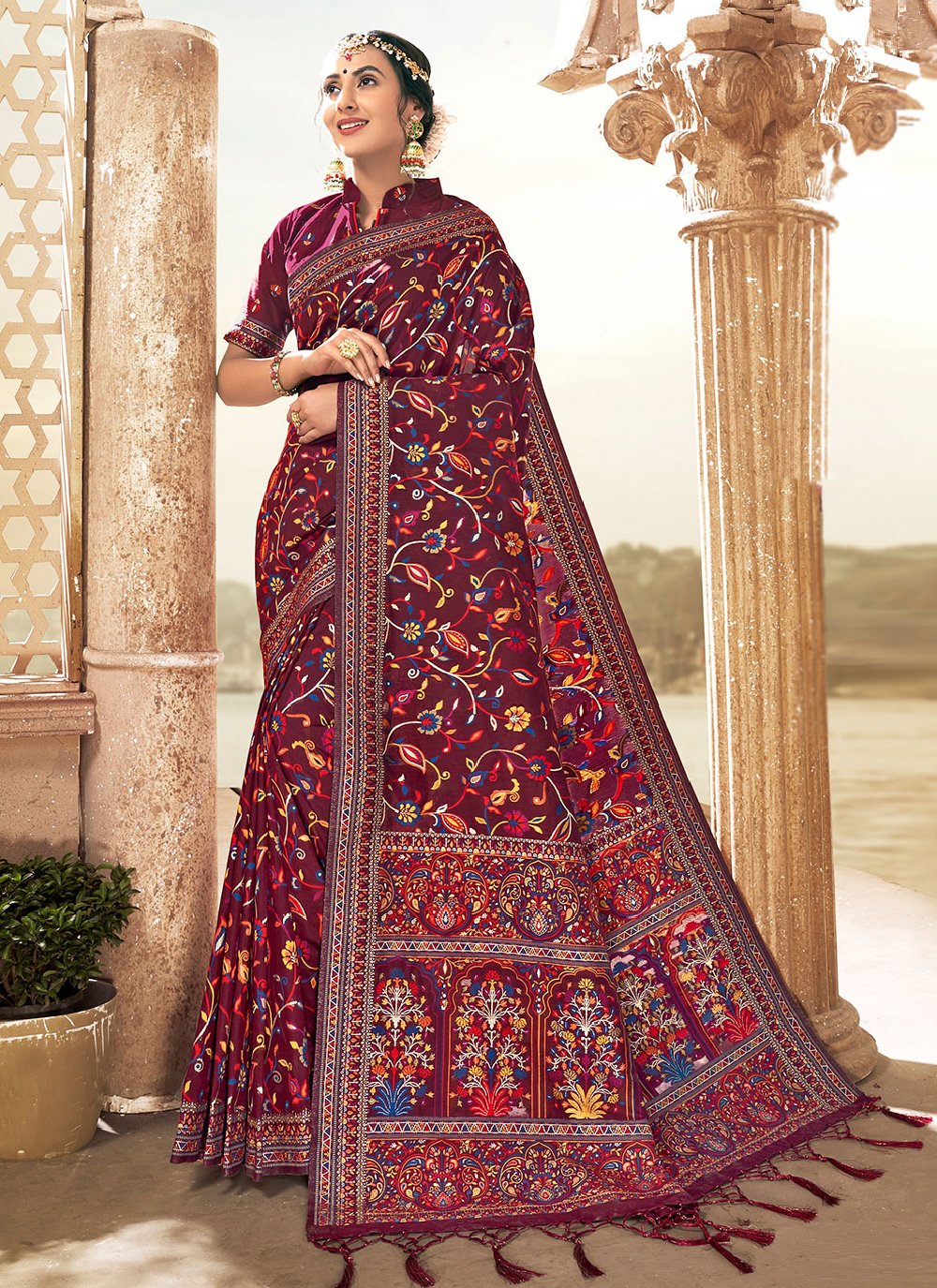 Classic Blended Cotton Wine Woven Saree