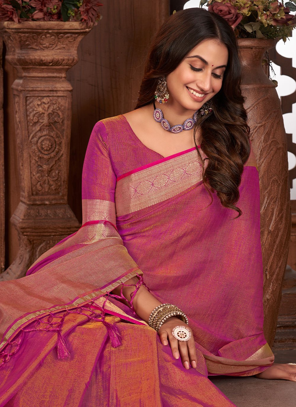 Trendy Saree Khadi Silk Linen Pink Woven Saree