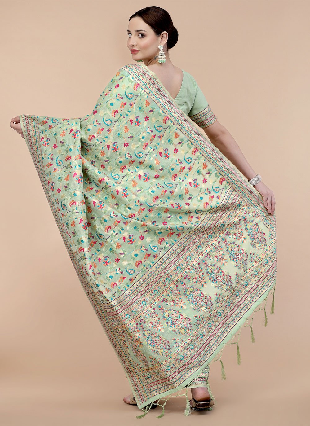 Contemporary Silk Blend Sea Green Woven Saree