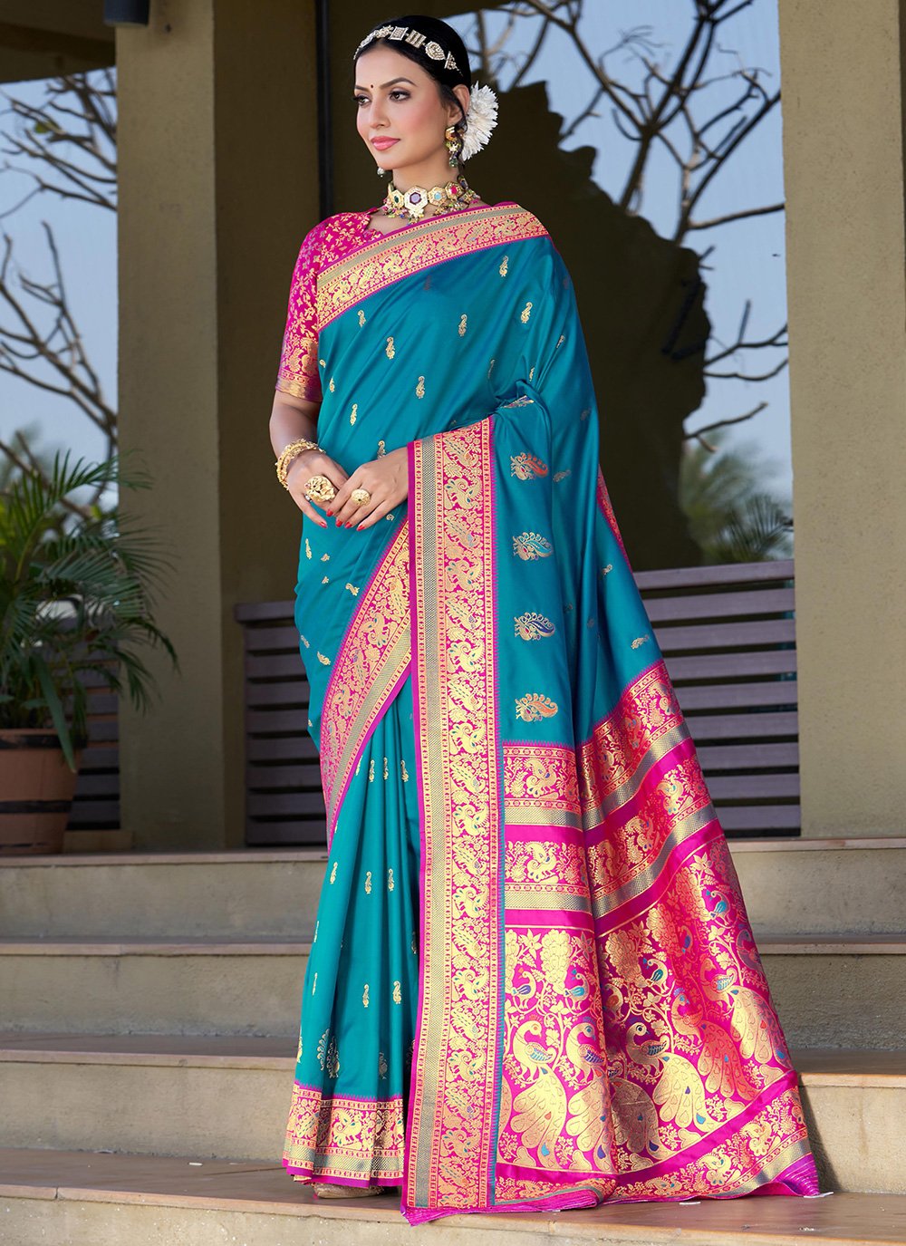 Classic Silk Morpeach Woven Saree