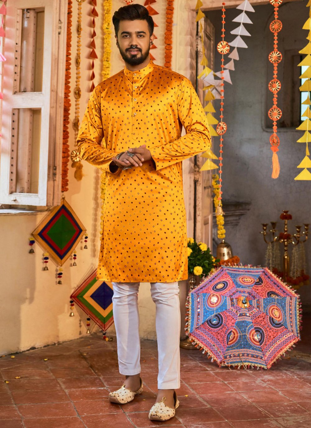 Kurta Pyjama Art Silk Yellow Embroidered Mens