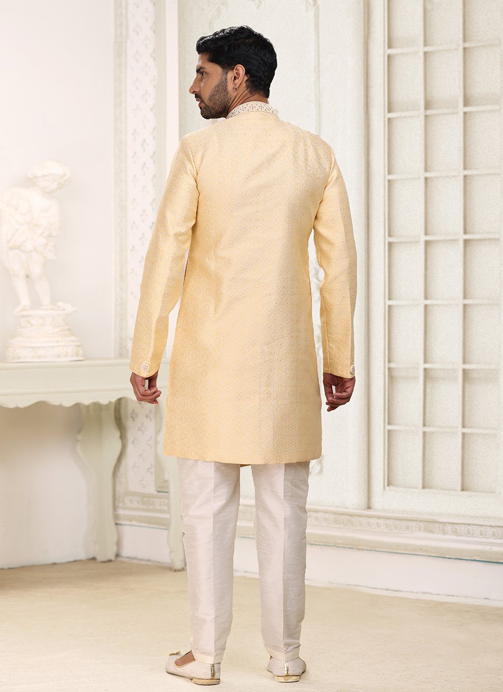 Indo Western Banarasi Jacquard Yellow Fancy Work Mens
