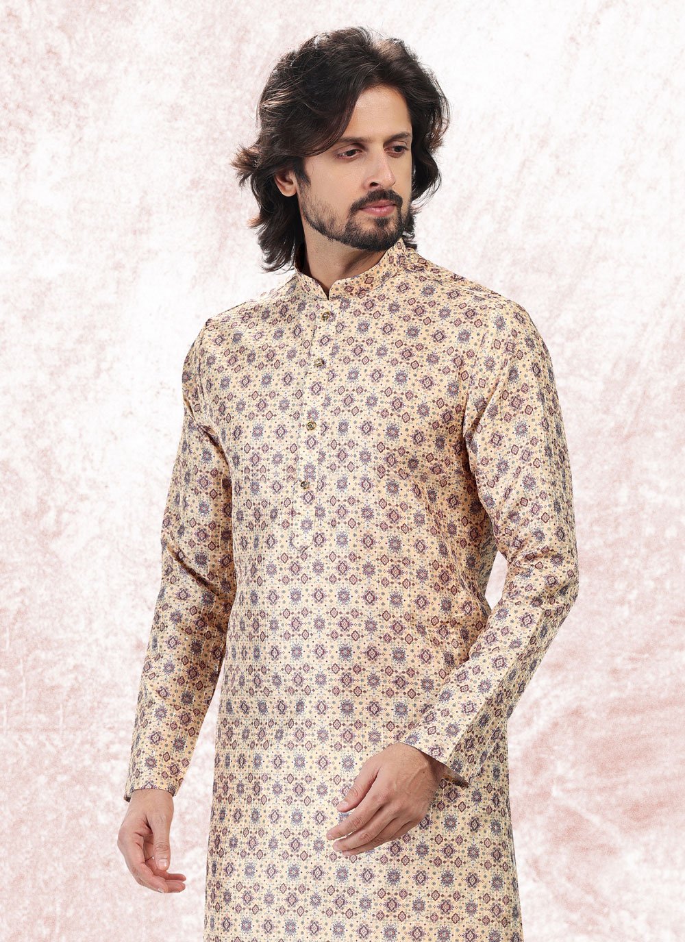 Kurta Pyjama Banarasi Jacquard Yellow Fancy Work Mens