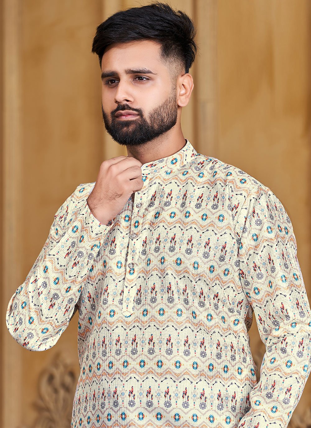Kurta Banglori Silk Yellow Print Mens