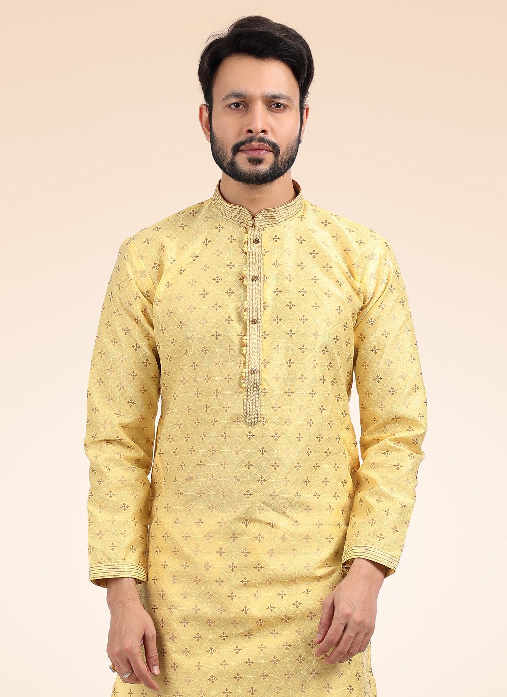 Kurta Pyjama Banarasi Jacquard Yellow Fancy Work Mens