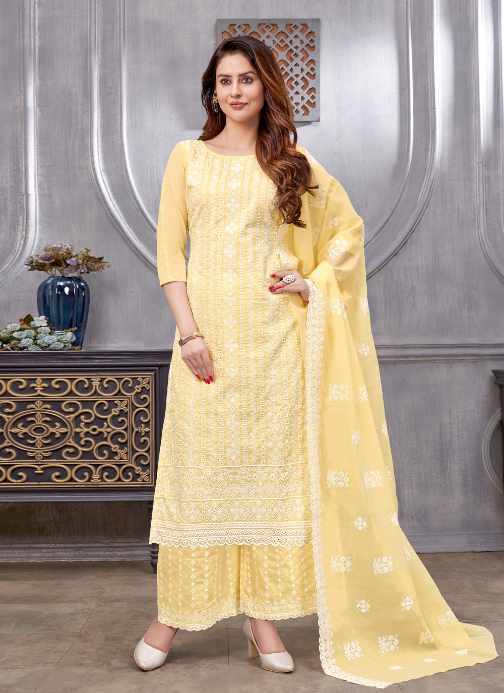 Palazzo Salwar Suit Cotton Yellow Embroidered Salwar Kameez
