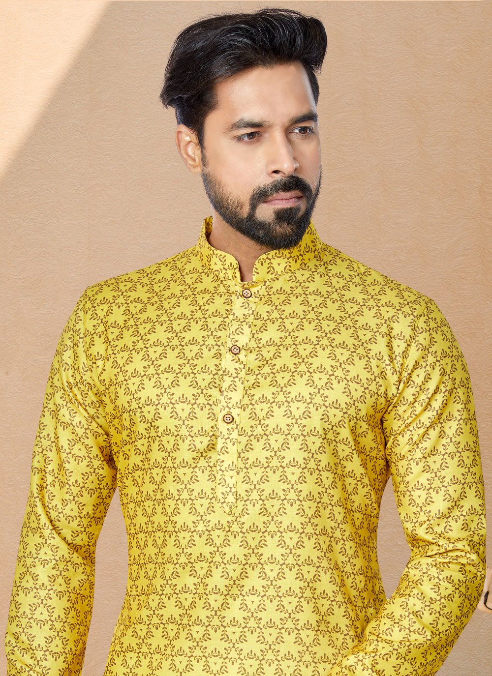 Kurta Pyjama Cotton Yellow Digital Print Mens