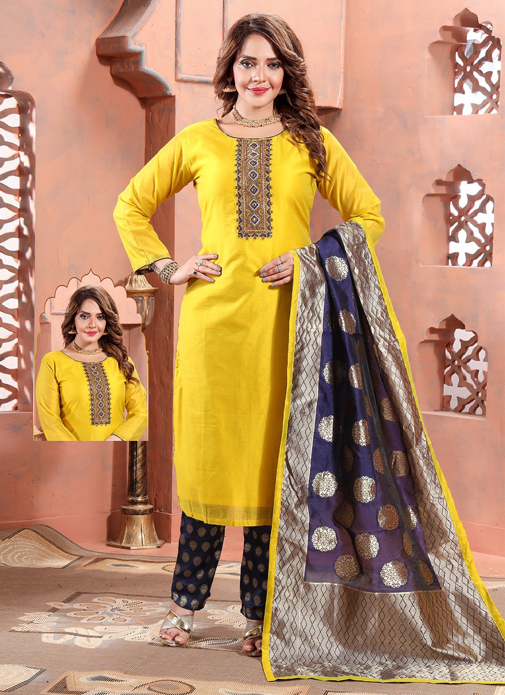 Salwar Suit Chanderi Silk Yellow Hand Work Salwar Kameez