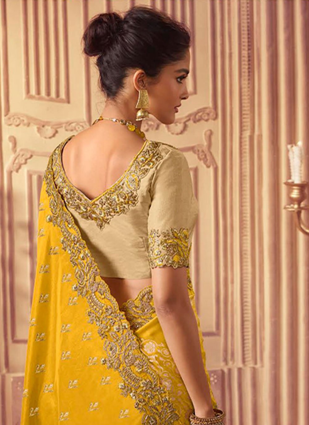 Designer Chinon Georgette Yellow Embroidered Saree