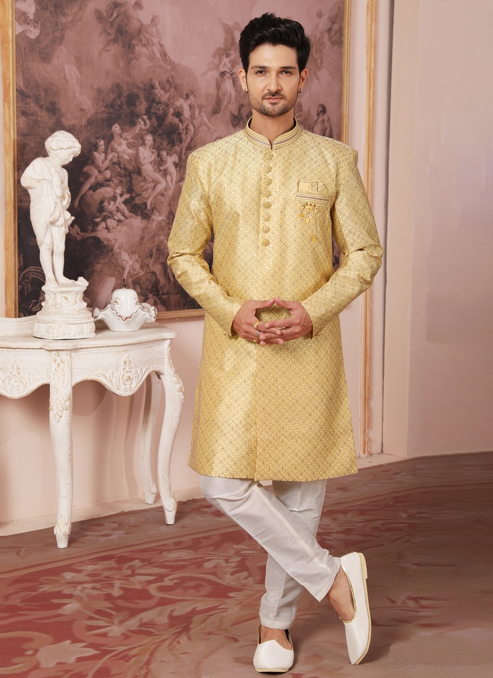 Indo Western Art Silk Yellow Embroidered Mens