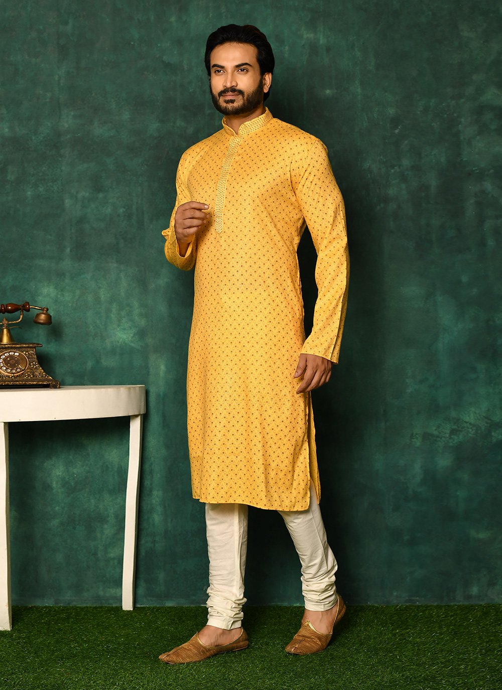 Kurta Pyjama Cotton Yellow Print Mens