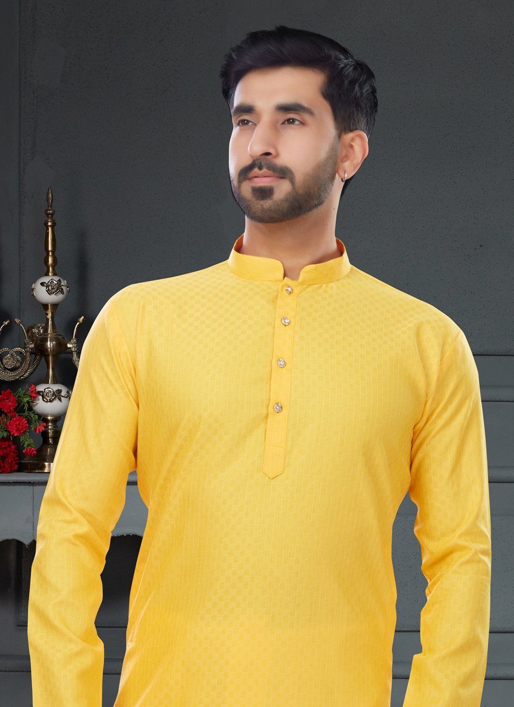 Kurta Pyjama Cotton Jacquard Yellow Fancy Work Mens