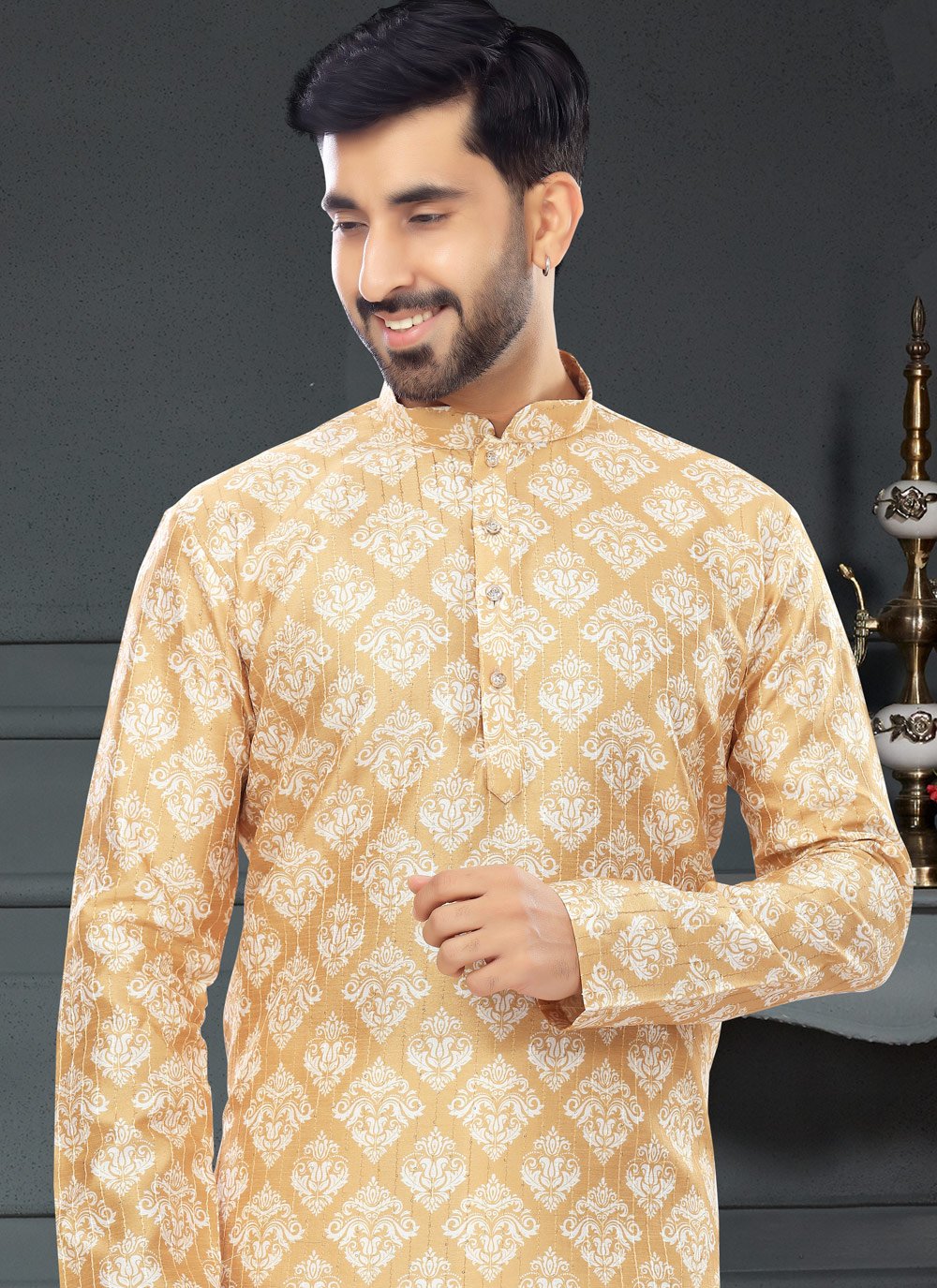 Kurta Pyjama Silk Yellow Digital Print Mens
