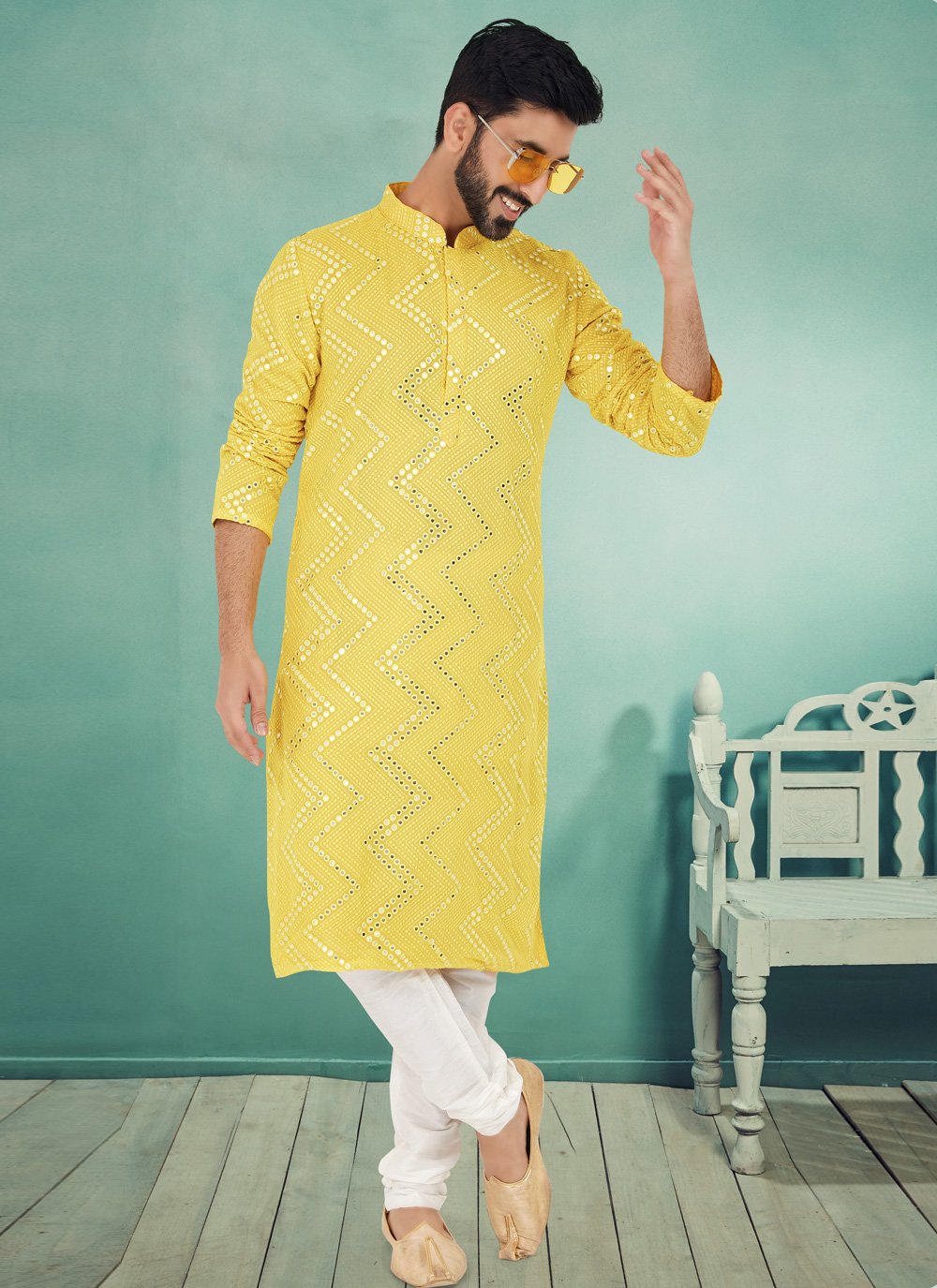 Kurta Pyjama Georgette Yellow Embroidered Mens
