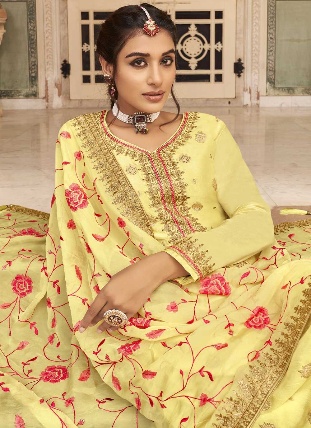 Pakistani Salwar Suit Jacquard Pure Dola Yellow Embroidered Salwar Kameez
