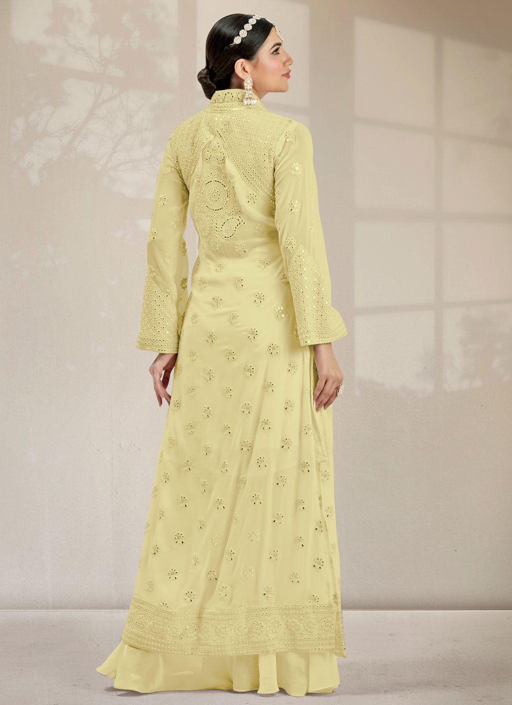 Palazzo Salwar Suit Georgette Yellow Embroidered Salwar Kameez