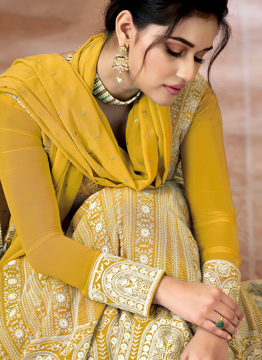 Gown Georgette Yellow Embroidered Gown