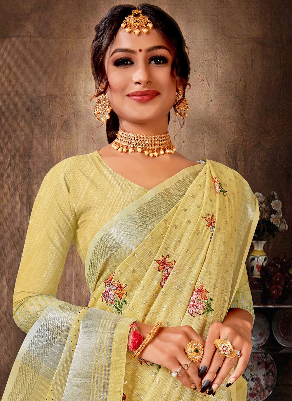 Contemporary Linen Tissue Yellow Embroidered Saree