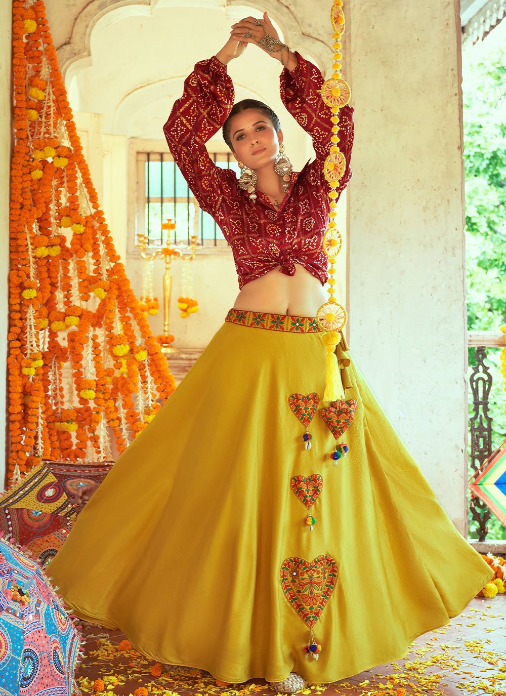 A Line Lehenga Cotton Yellow Embroidered Lehenga Choli