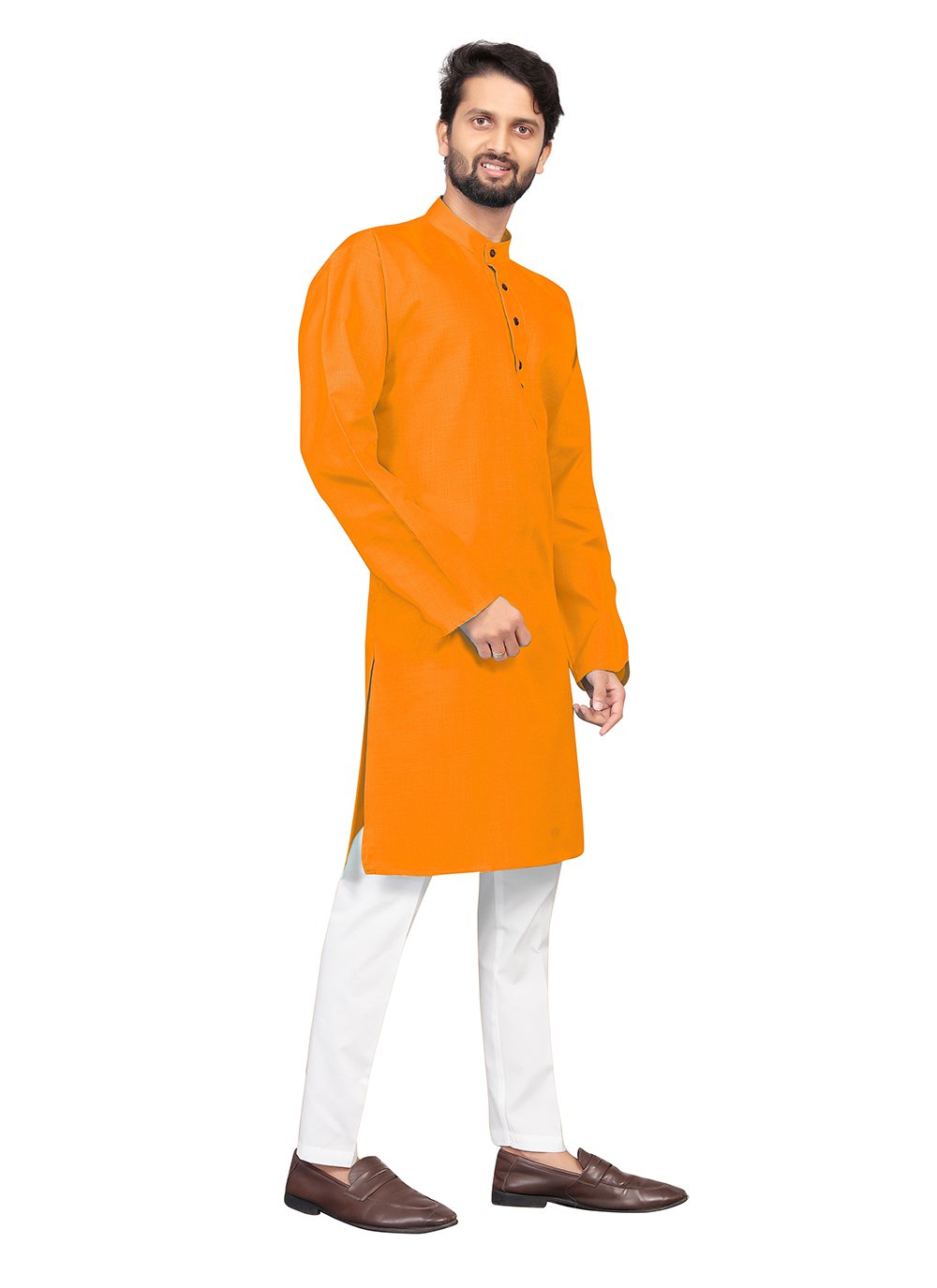 Kurta Pyjama Cotton Yellow Plain Mens