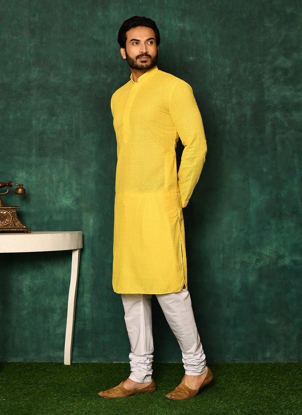 Kurta Pyjama Cotton Yellow Chikankari Work Mens