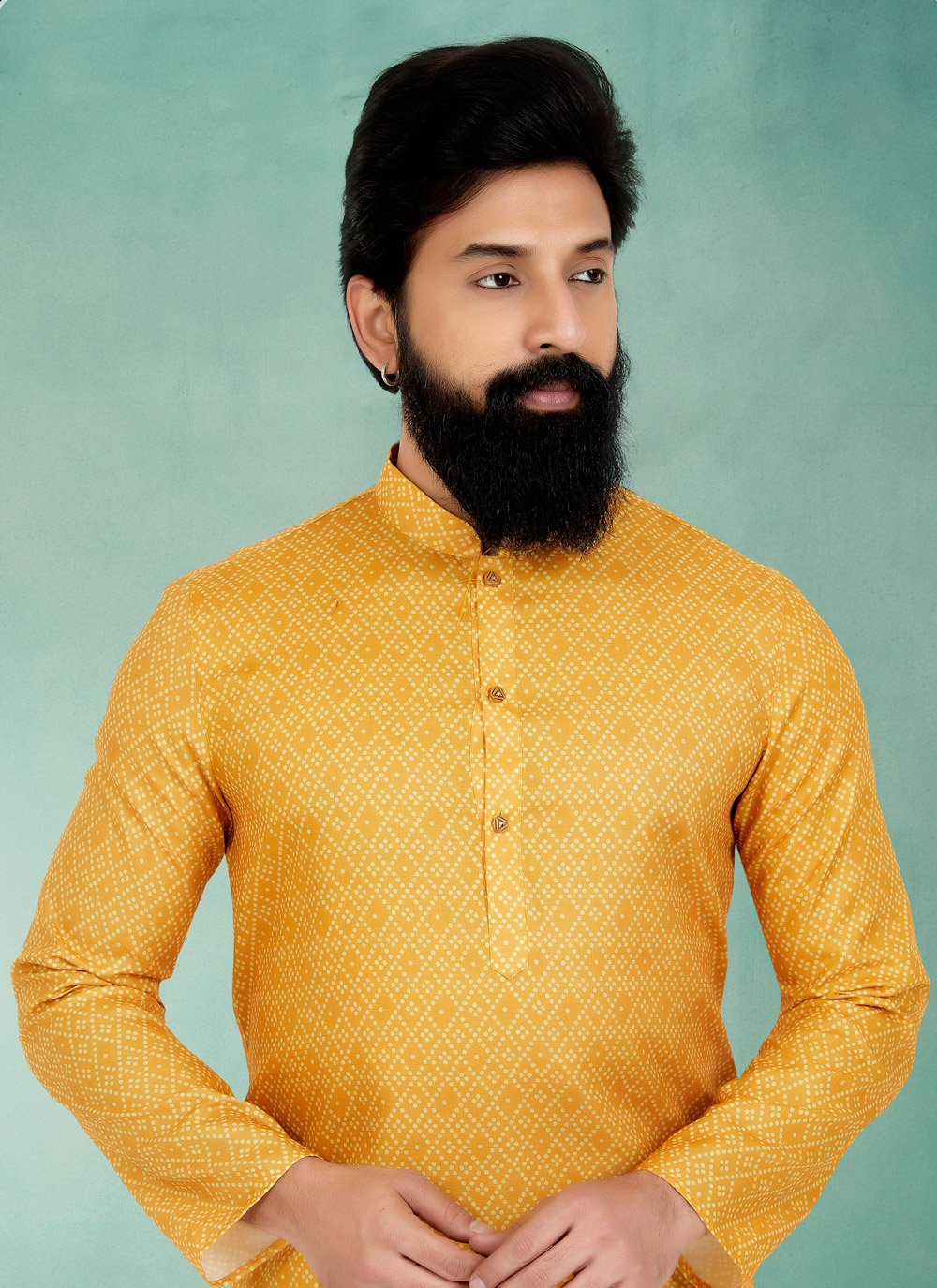 Kurta Pyjama Cotton Yellow Digital Print Mens