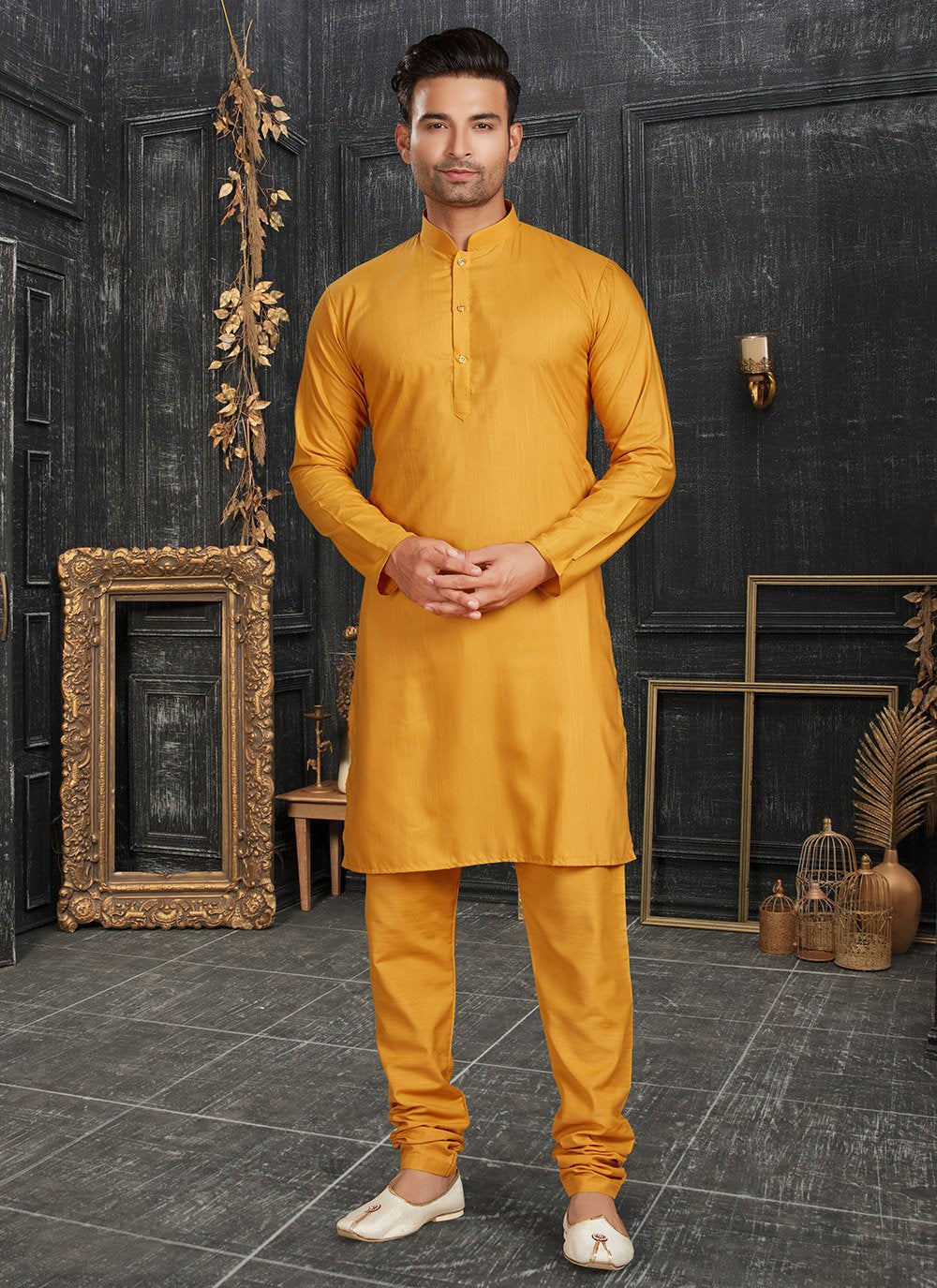 Kurta Pyjama Cotton Yellow Plain Mens