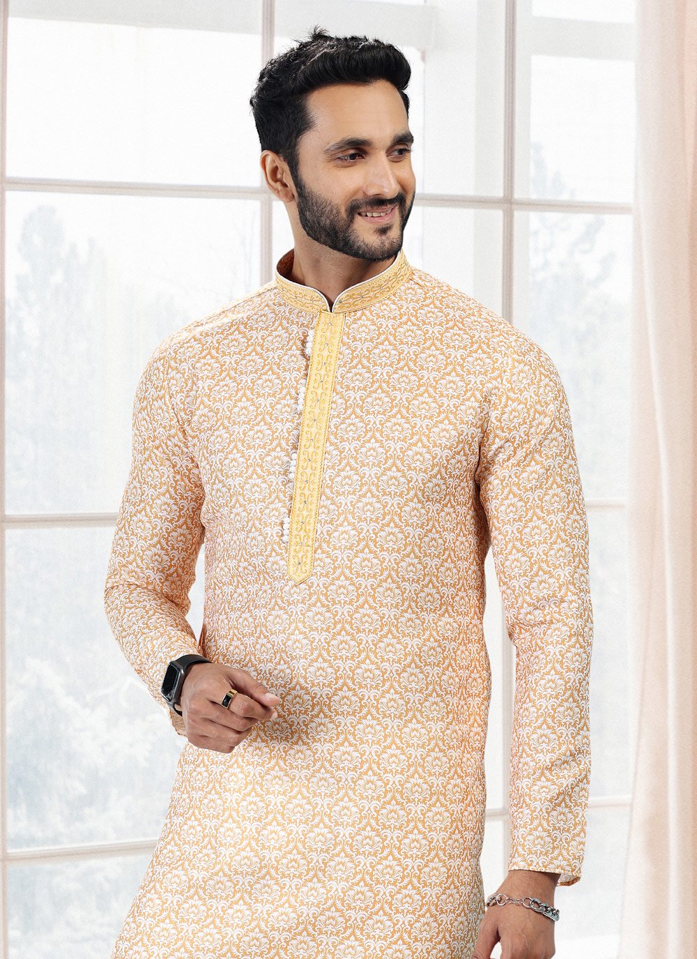 Kurta Pyjama Cotton Yellow Fancy Work Mens
