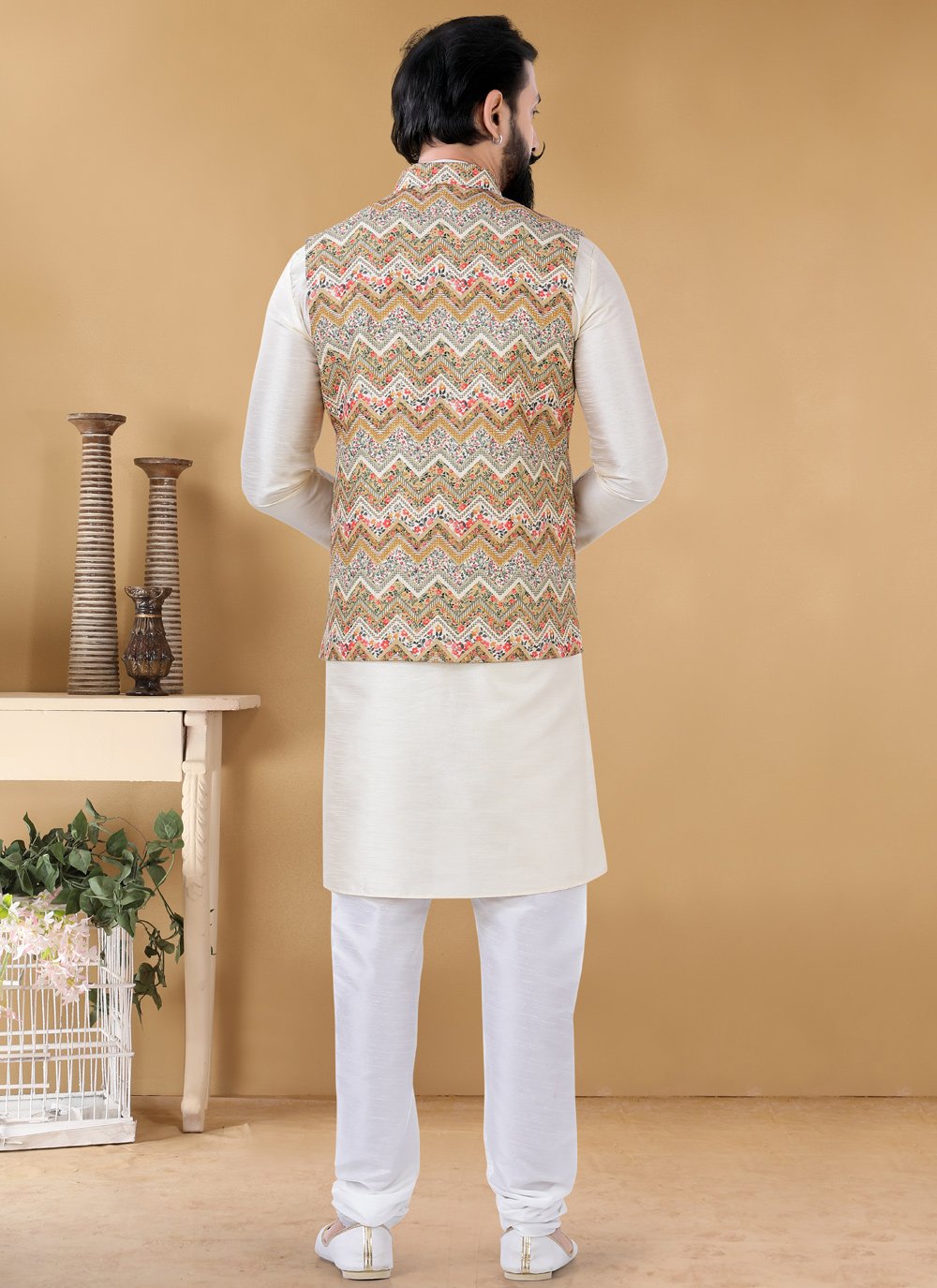 Nehru Jackets Cotton Yellow Print Mens
