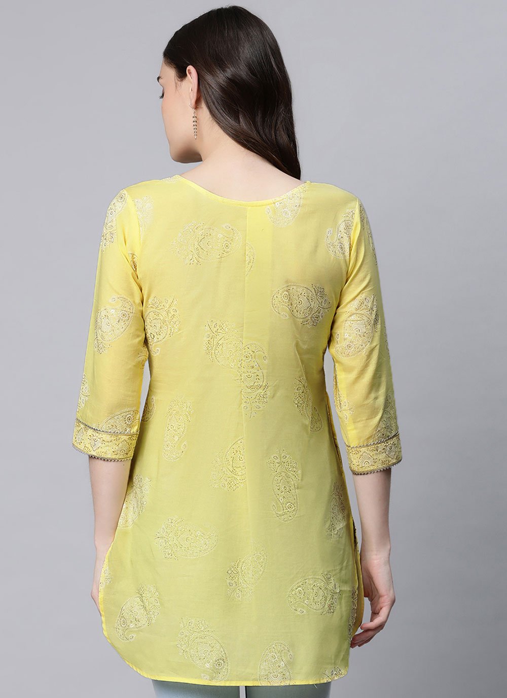 Party Wear Kurti Cotton Yellow Print Kurtis
