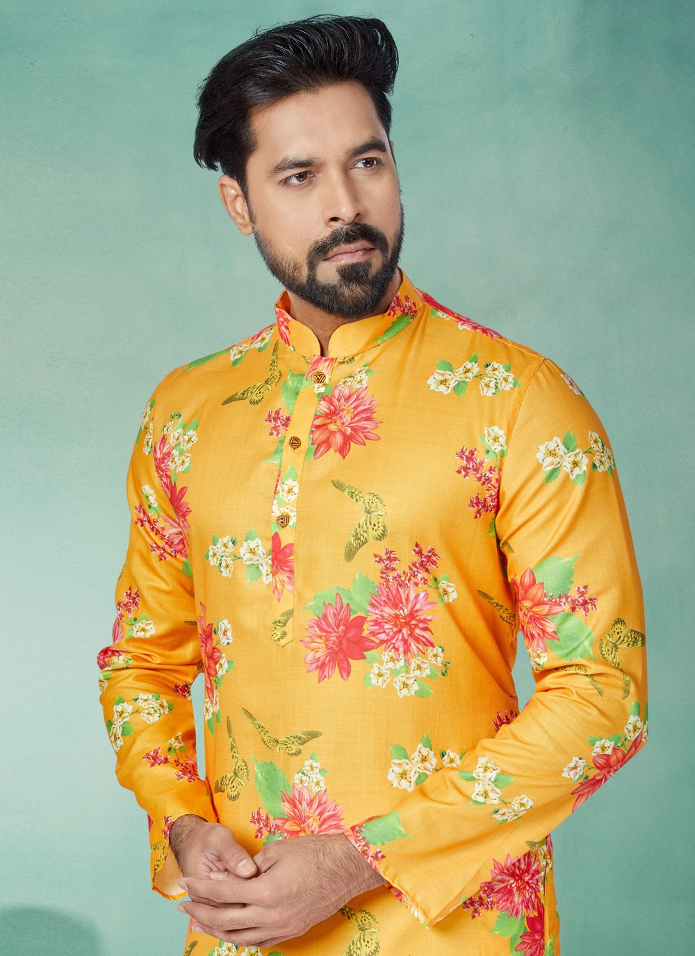 Kurta Pyjama Cotton Yellow Digital Print Mens
