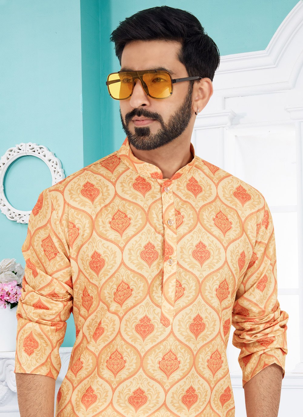 Kurta Pyjama Cotton Yellow Digital Print Mens