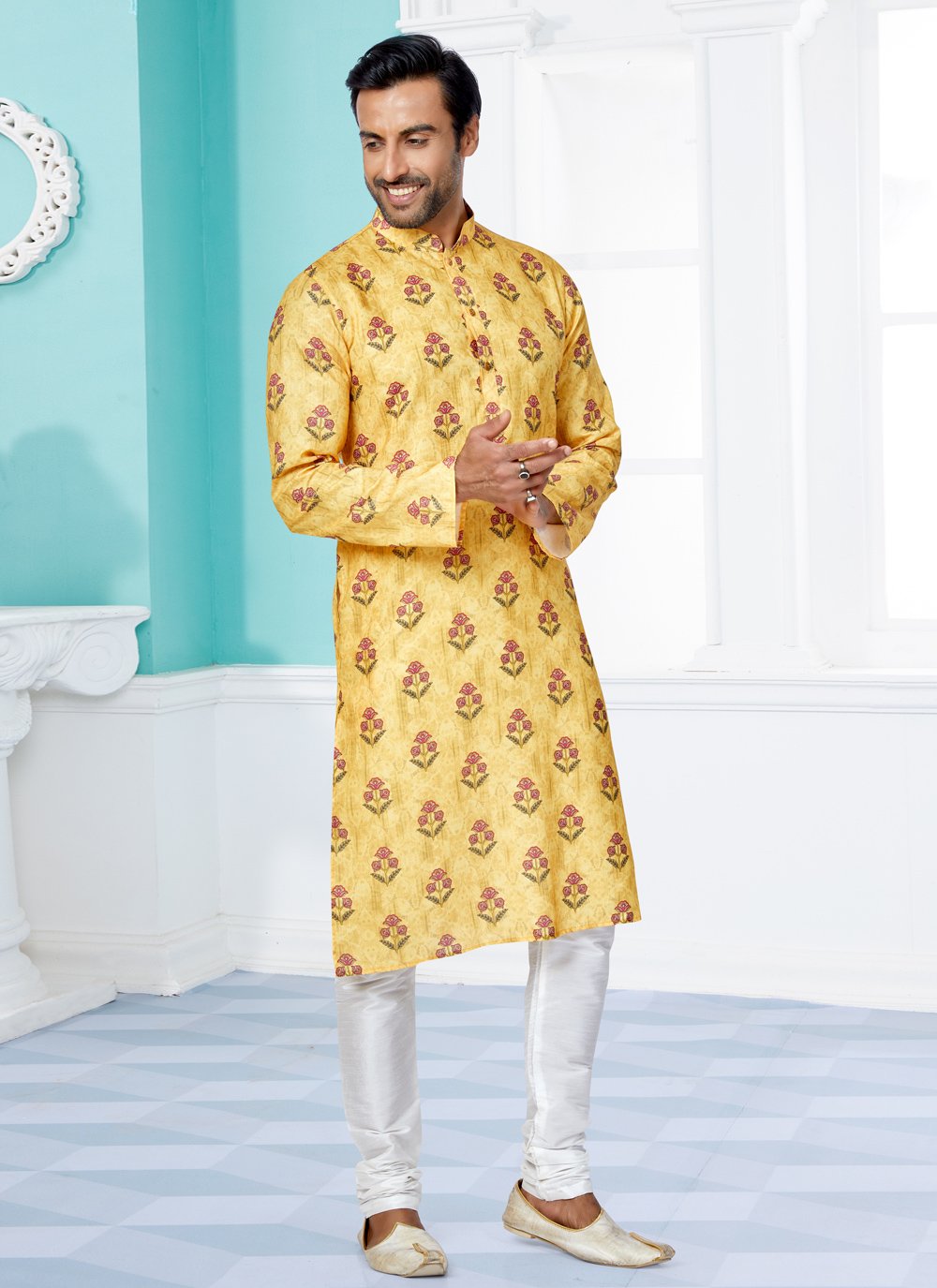 Kurta Pyjama Cotton Yellow Digital Print Mens
