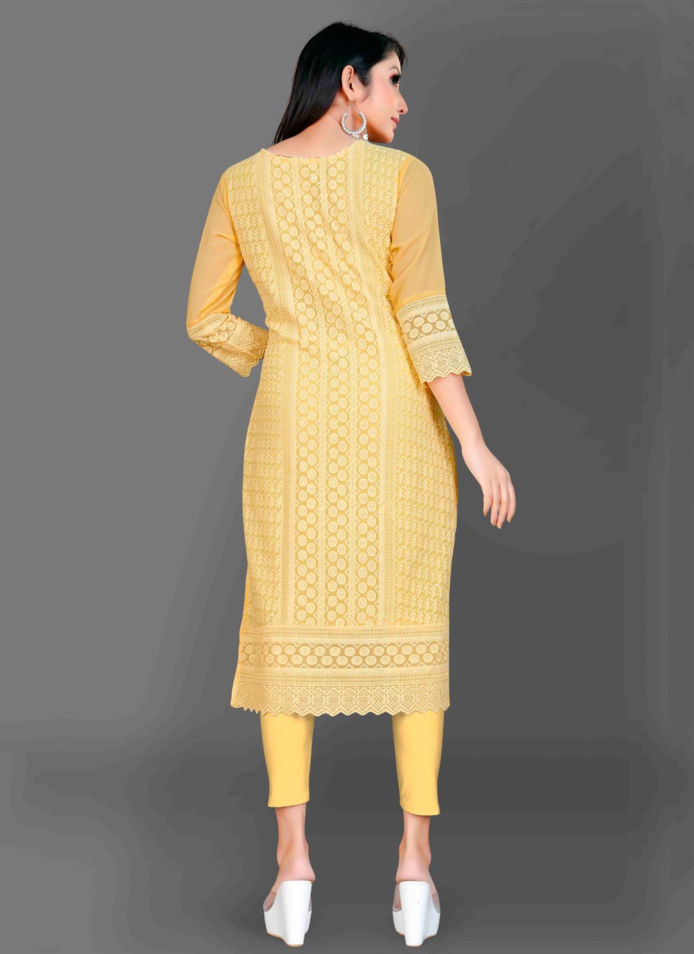 Designer Kurti Chiffon Georgette Yellow Embroidered Kurtis