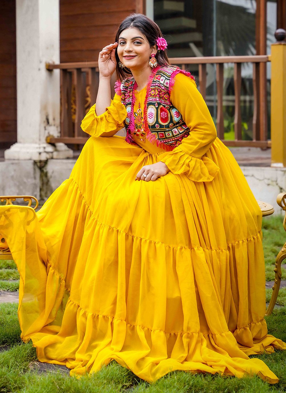 Gown Faux Georgette Yellow Embroidered Gown