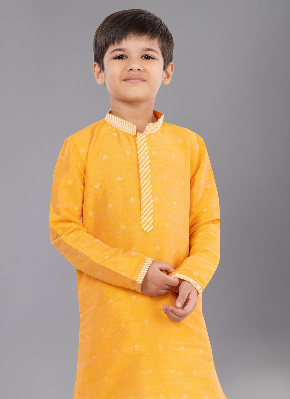 Kurta Pyjama Dupion Silk Jacquard Yellow Fancy Work Kids