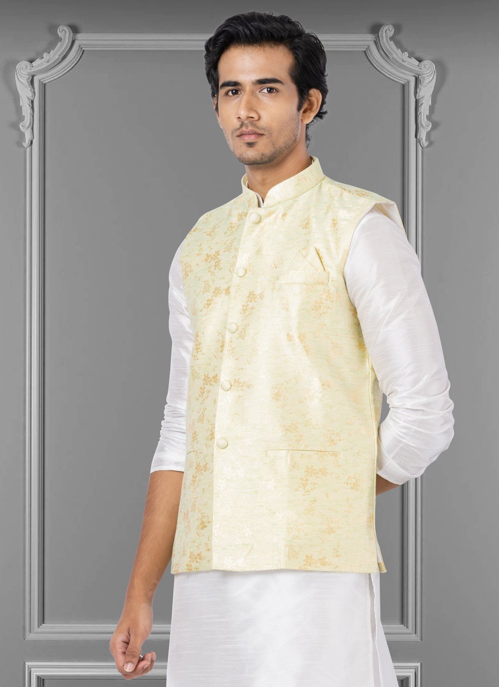 Nehru Jackets Linen Silk Yellow Embroidered Mens