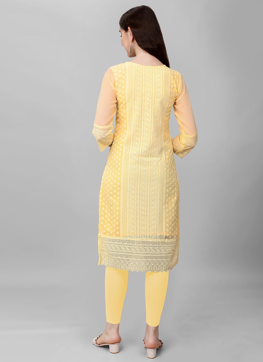 Designer Kurti Faux Georgette Yellow Chikankari Work Kurtis