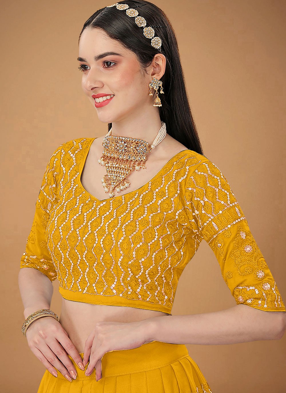 Lehenga Choli Faux Georgette Yellow Embroidered Lehenga Choli