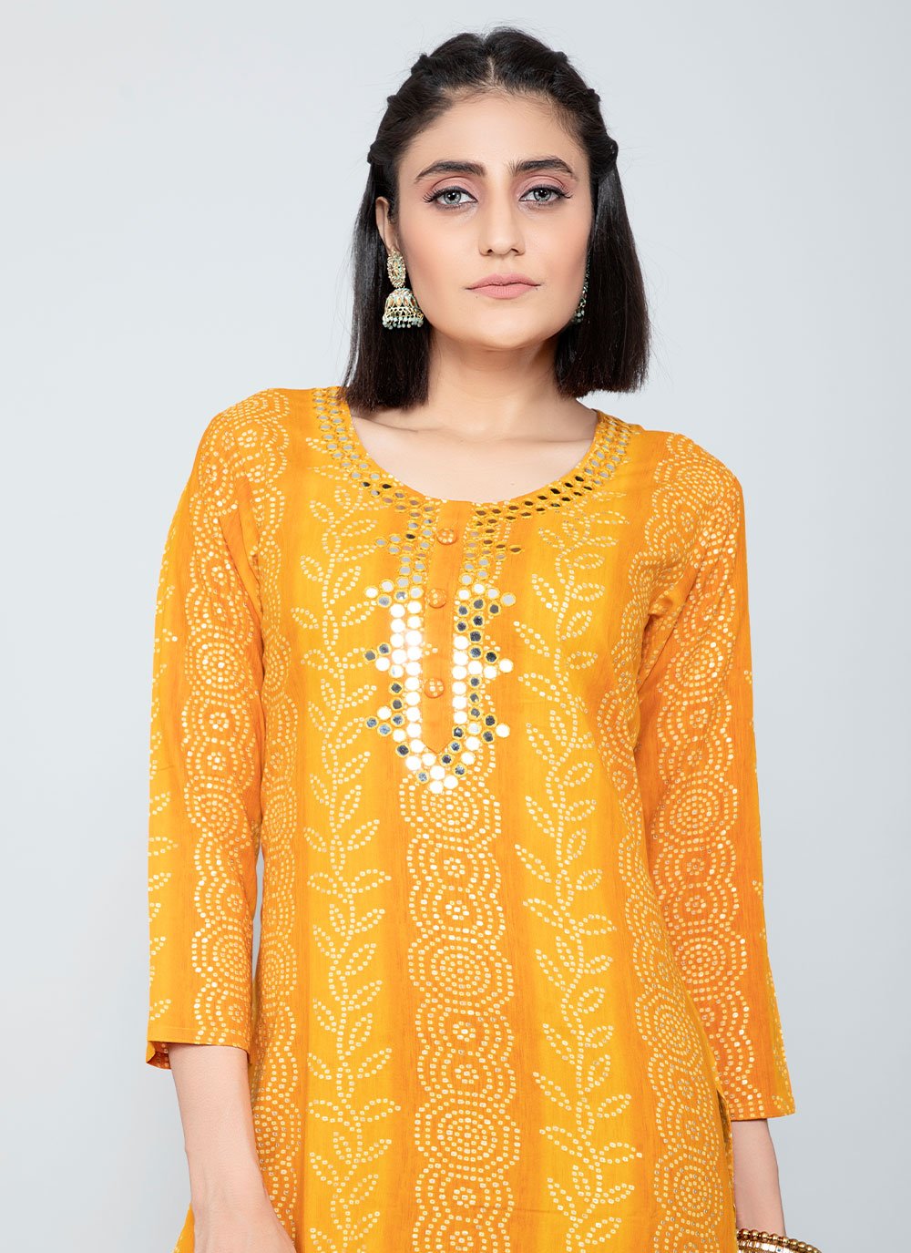 Designer Kurti Rayon Yellow Mirror Kurtis