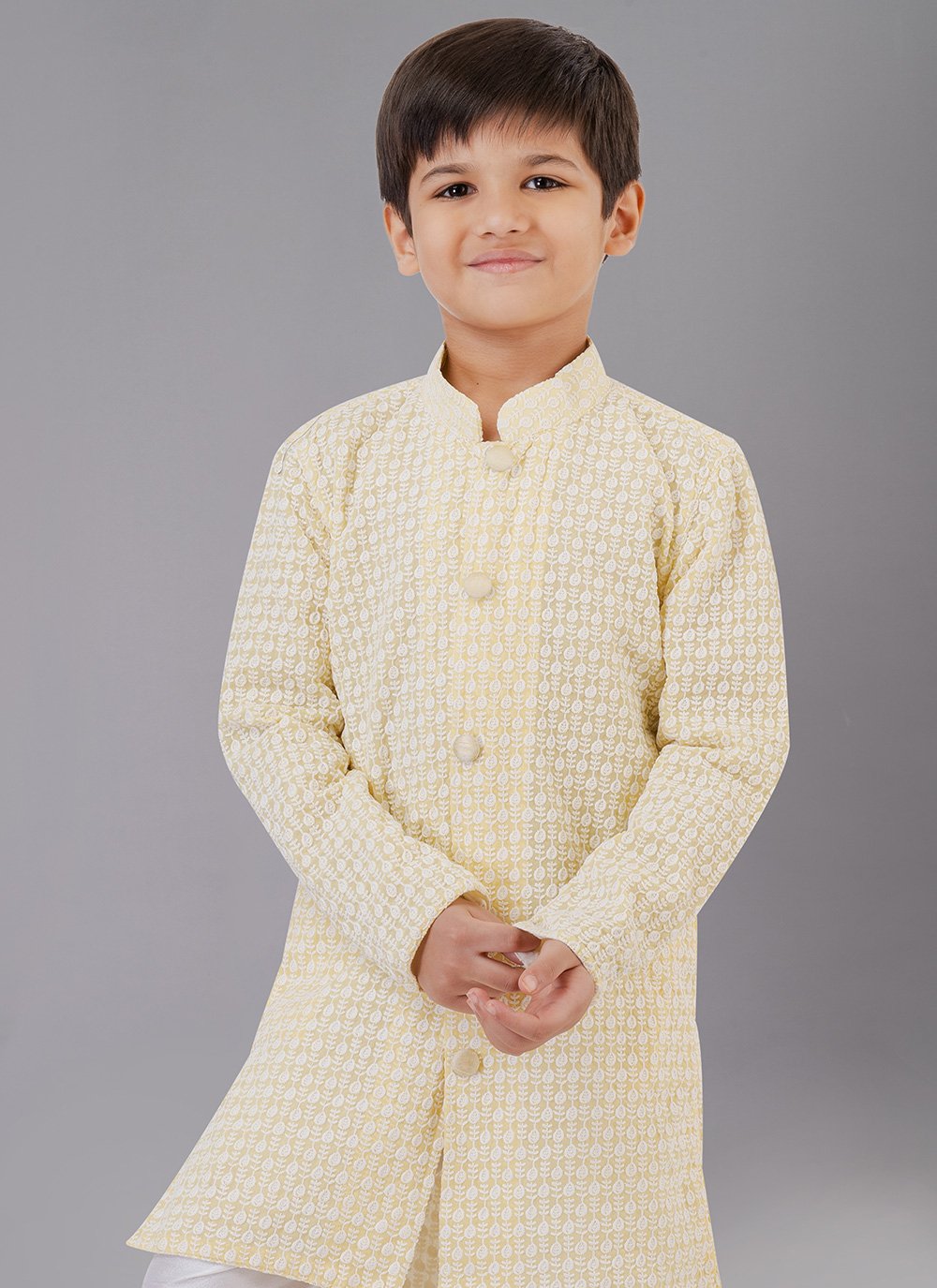 Kurta Pyjama Georgette Yellow Embroidered Kids