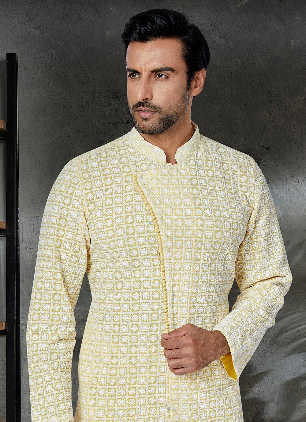 Kurta Pyjama Georgette Yellow Embroidered Mens