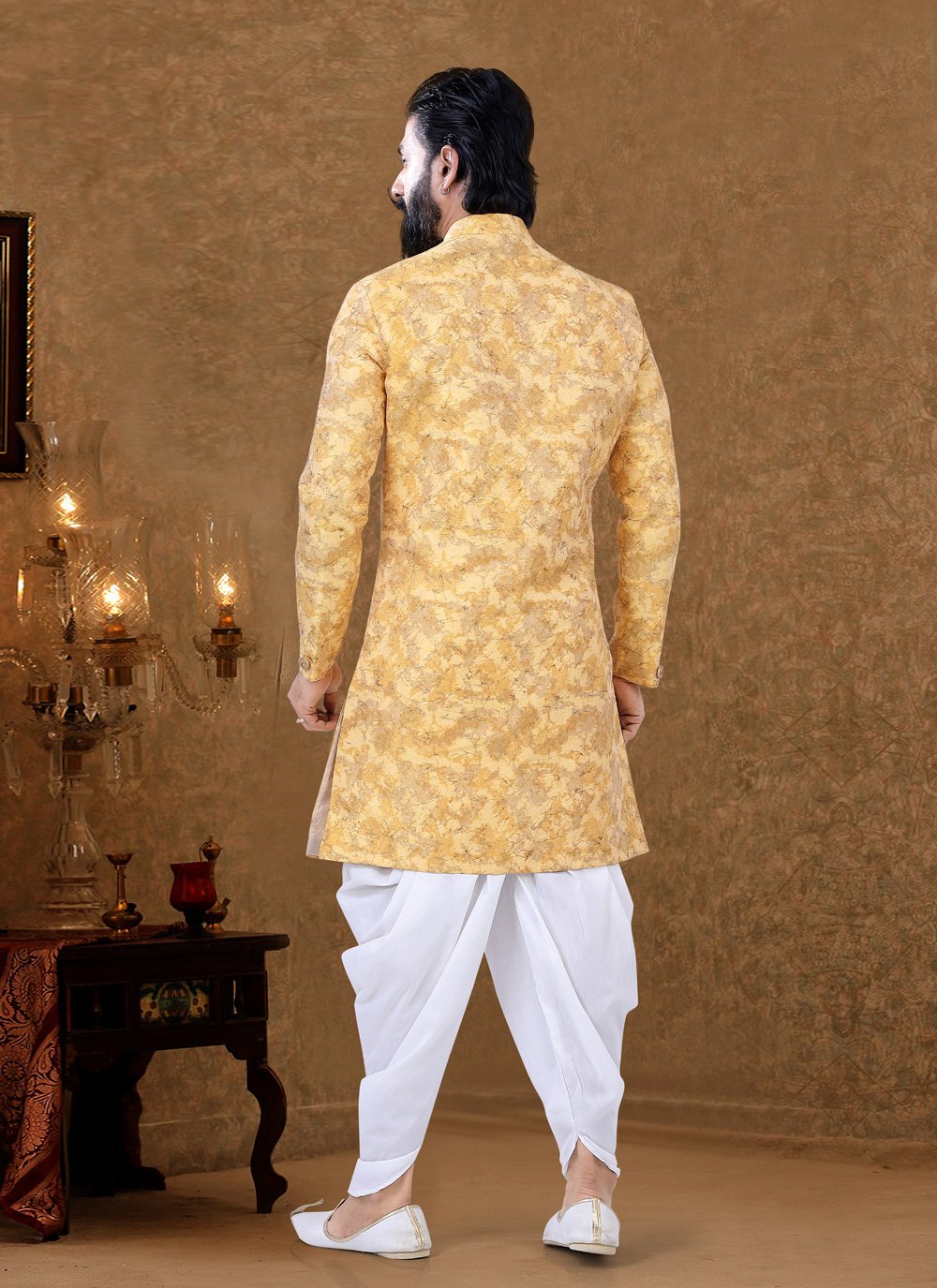 Dhoti Kurta Jacquard Yellow Foil Print Mens