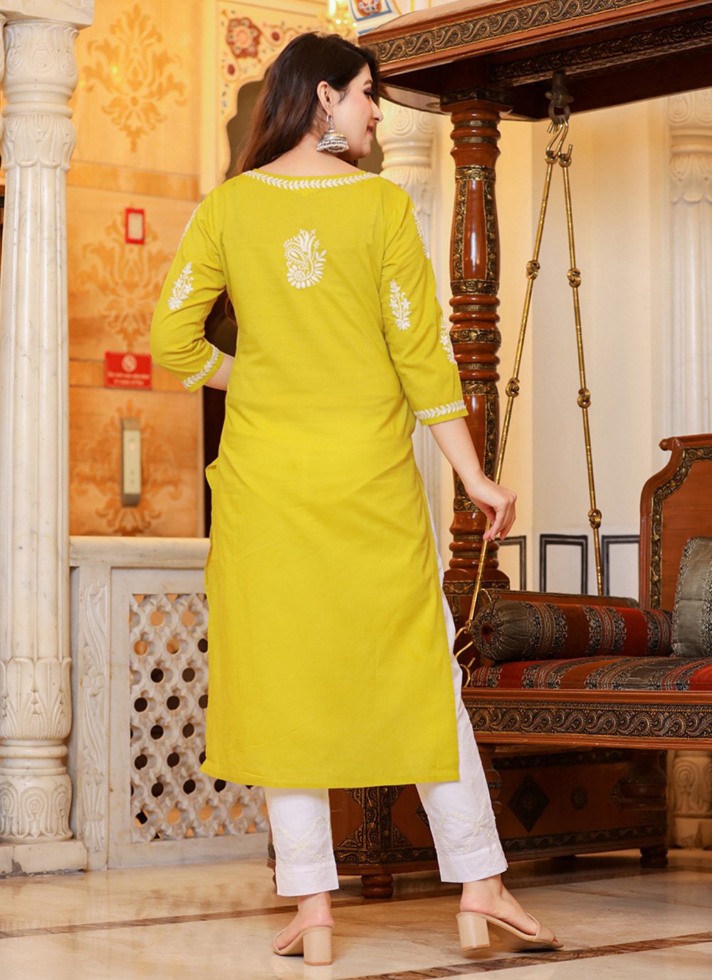 Pant Style Suit Cotton Yellow Lucknowi Work Salwar Kameez