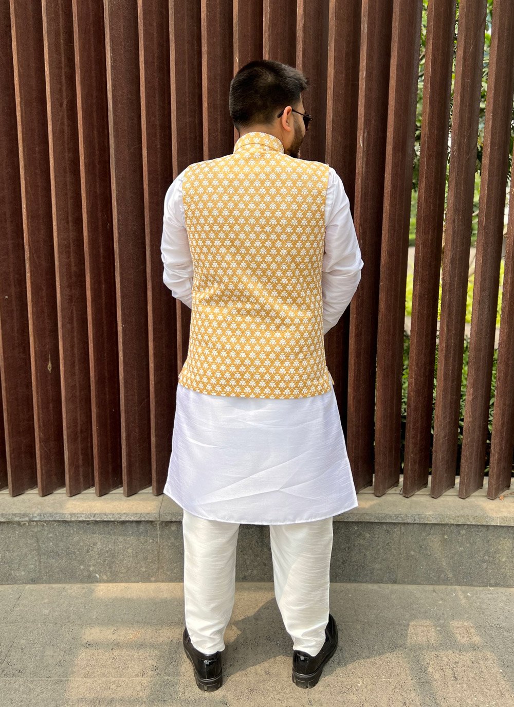 Nehru Jackets Silk Yellow Lucknowi Work Mens