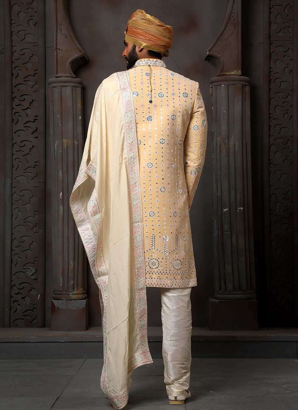 Sherwani Georgette Yellow Machine Embroidery Mens